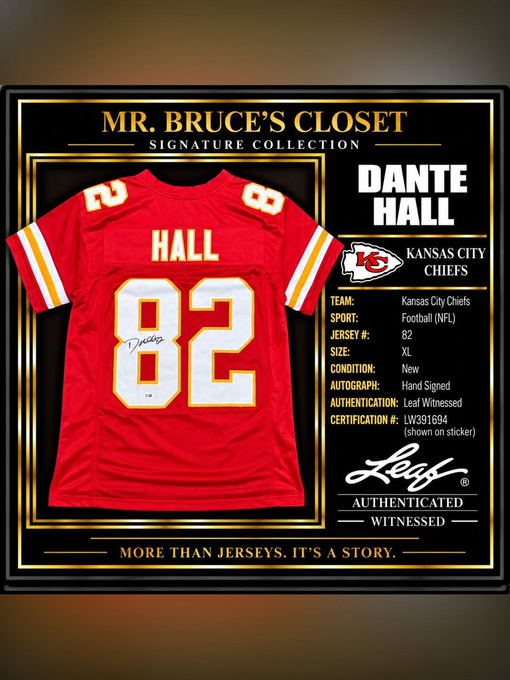 Dante Hall Signed Kansas City Chiefs Jersey Leaf Witnessed Auto XL #82